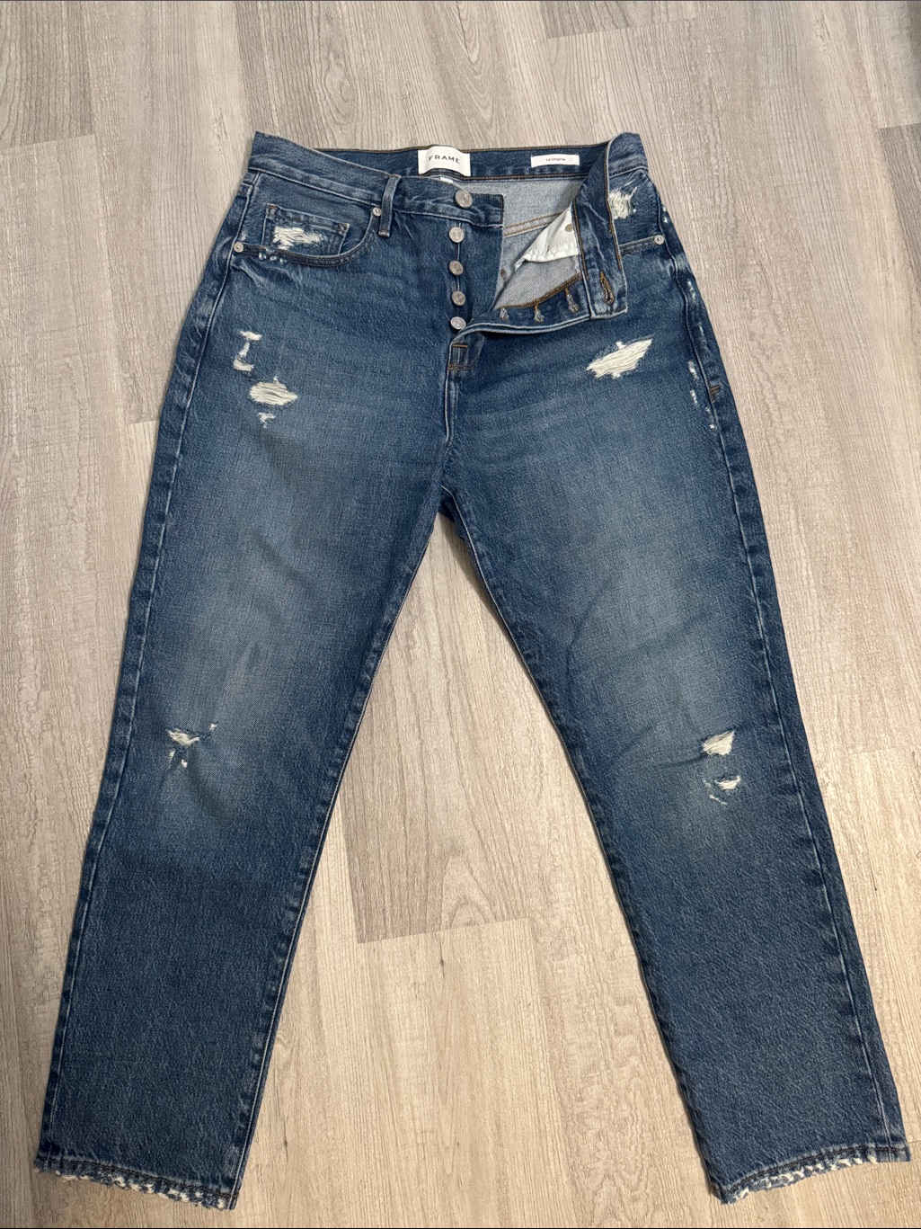 Frame Denim Straight-Leg Distressed Jeans In Dark Blue